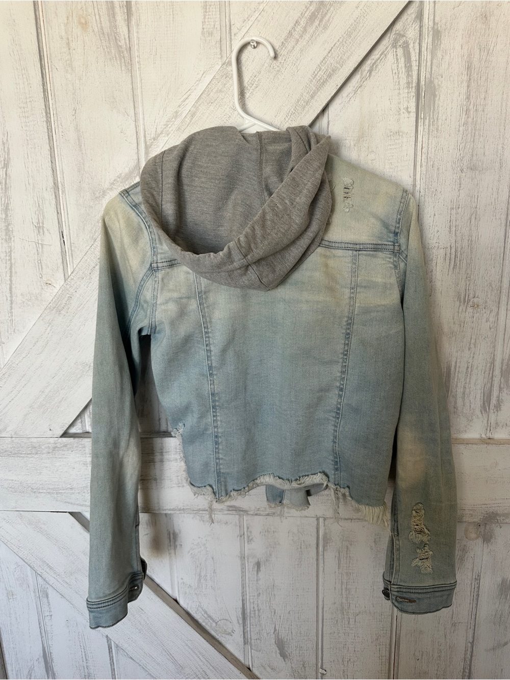 Light Blue Distressed Denim Jacket with Gray Hood - Picture 3 of 3